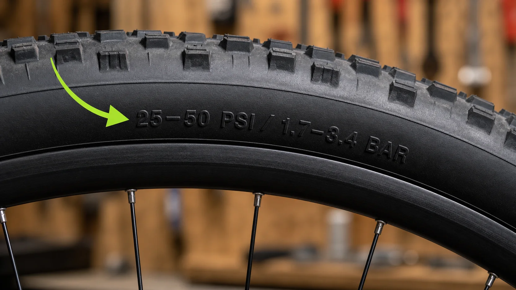 Seta verde apontando para a faixa de pressão gravada na lateral de um pneu de bicicleta