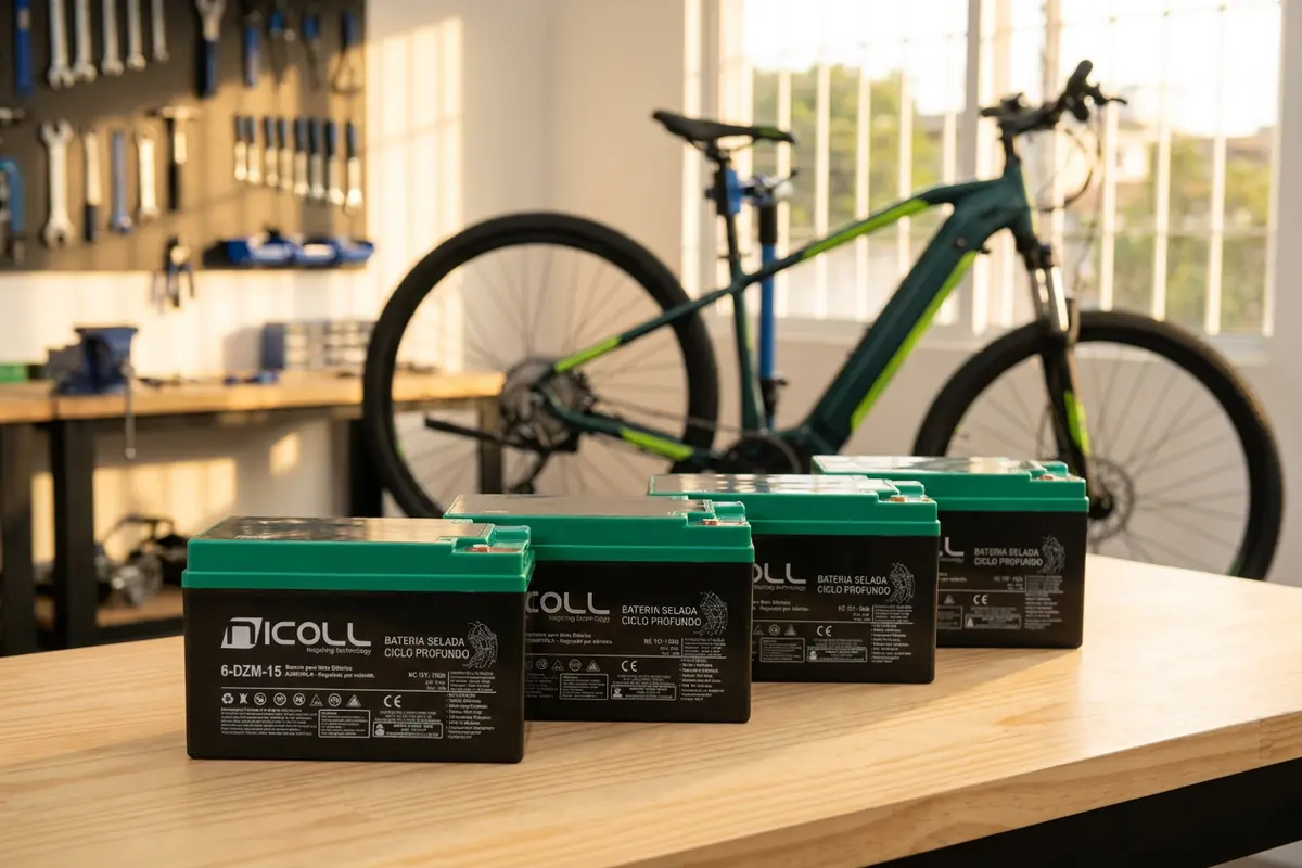Quatro baterias de chumbo Nicoll 6-DZM-15 de 12 V, pretas com tampa verde, enfileiradas numa bancada de madeira de oficina, com uma bicicleta elétrica verde ao fundo