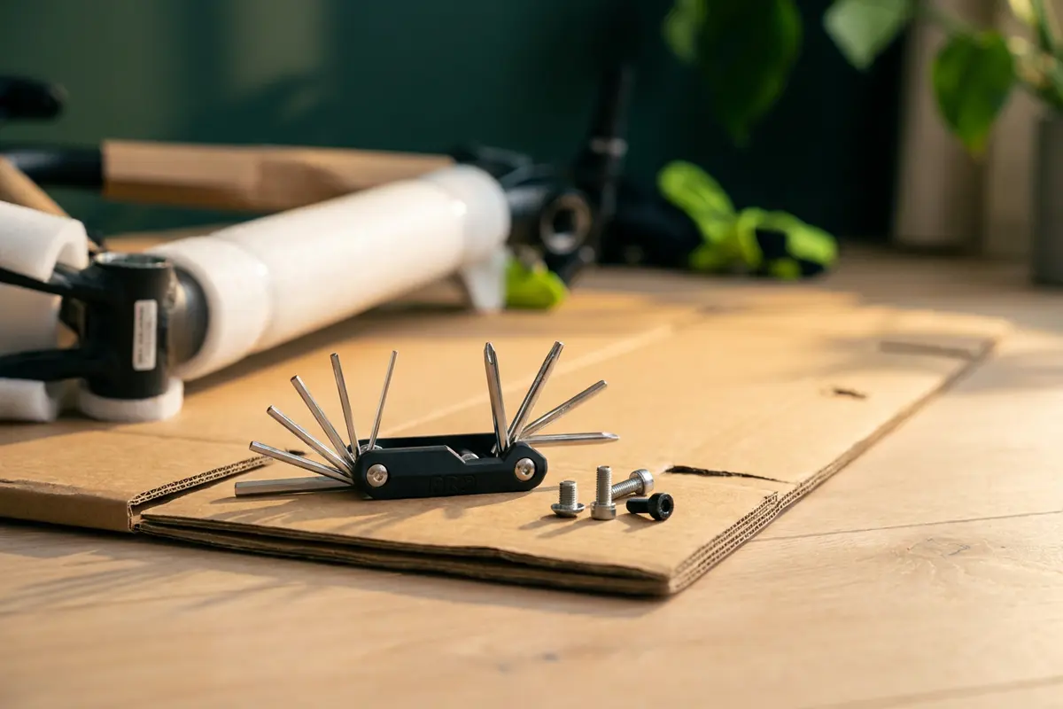 Canivete Shimano PRO de 10 funções aberto em leque sobre a caixa de papelão de uma bicicleta nova, com parafusos soltos ao lado e o quadro ainda embrulhado ao fundo
