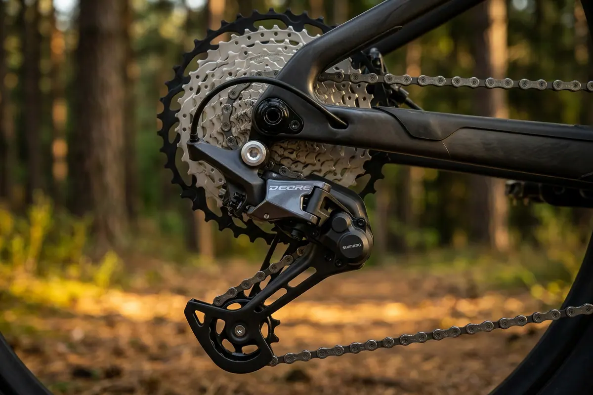 Câmbio traseiro Shimano Deore e cassete de mountain bike em primeiro plano, com a trilha de terra desfocada ao fundo