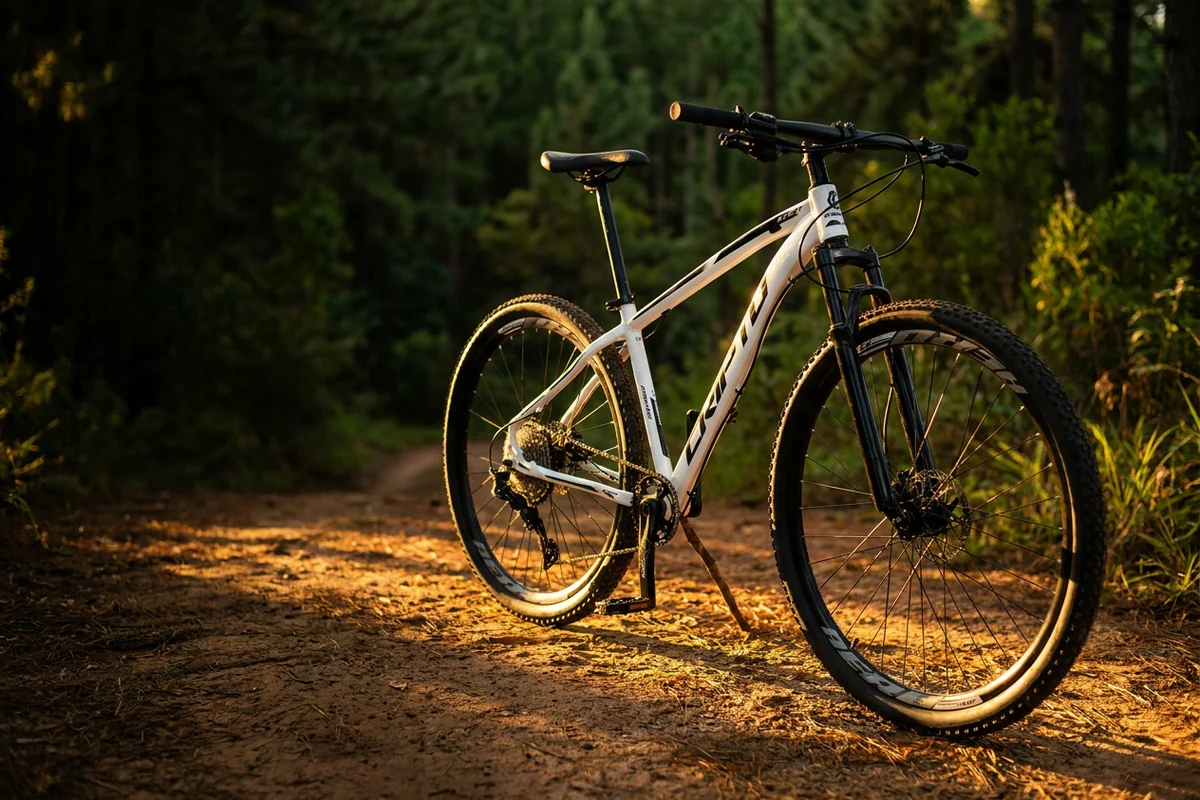 Mountain bike Cripto branca aro 29, parada numa trilha de terra com luz de fim de tarde entre os pinheiros