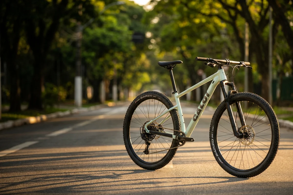 Mountain bike Caloi verde-clara aro 29 parada no asfalto de uma avenida arborizada e vazia, ao amanhecer