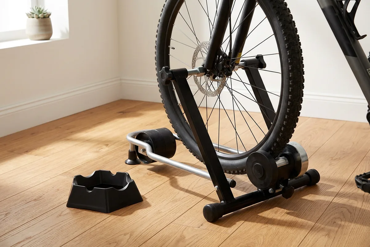Roda traseira de uma mountain bike montada num rolo de treino magnético preto, sobre piso de madeira, com o calço da roda dianteira ao lado