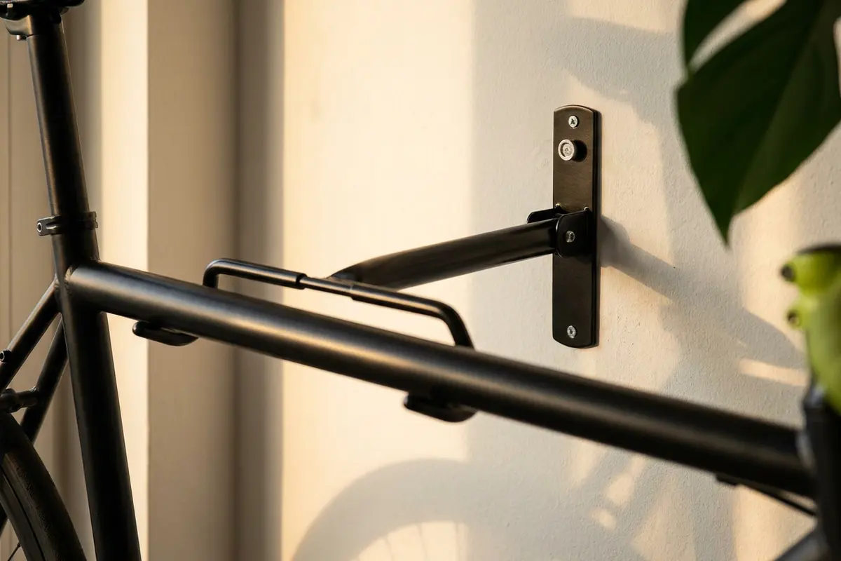 Suporte de parede horizontal Rava preto, de aço, fixado numa parede clara de apartamento e segurando uma bicicleta pelo tubo superior, com luz de fim de tarde