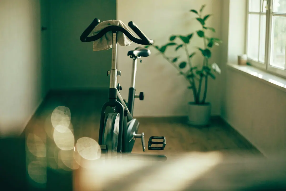 Bicicleta ergométrica no canto de uma sala com piso de madeira, toalha no guidão e planta ao lado da janela