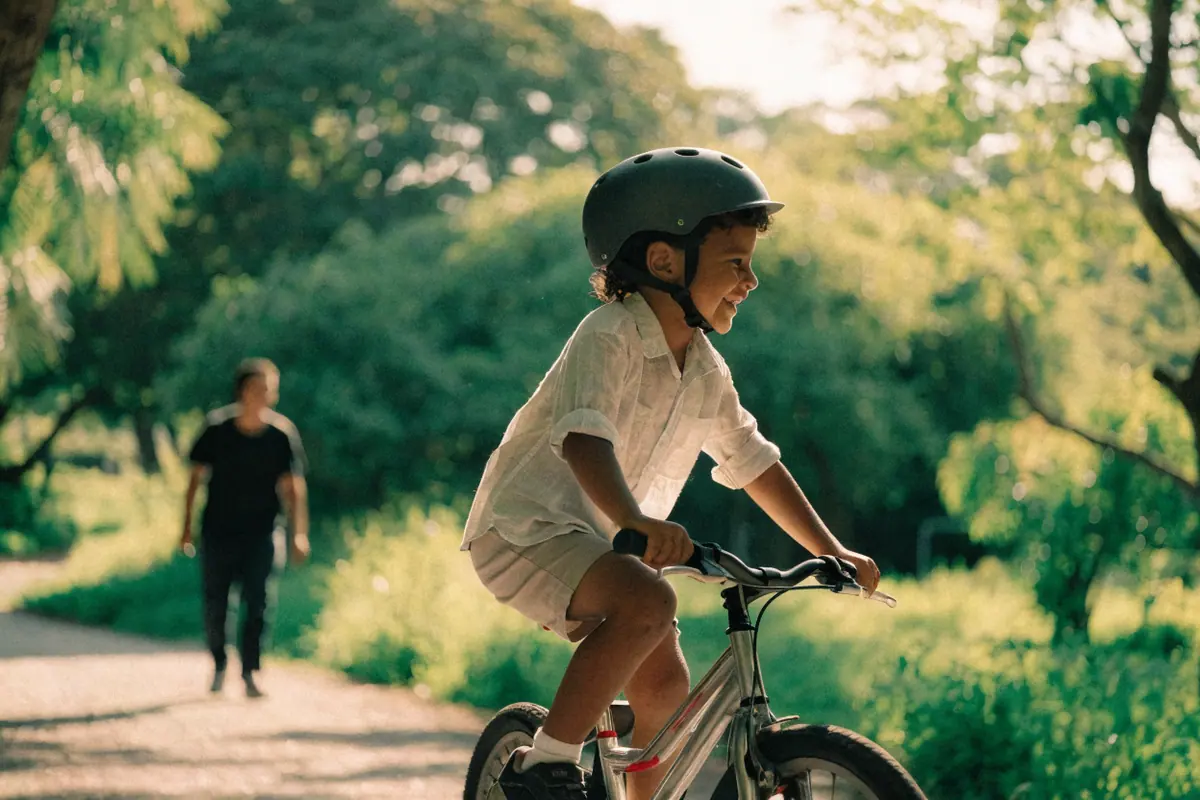 Criança de capacete pedalando uma bicicleta infantil numa alameda de parque, com um adulto ao fundo