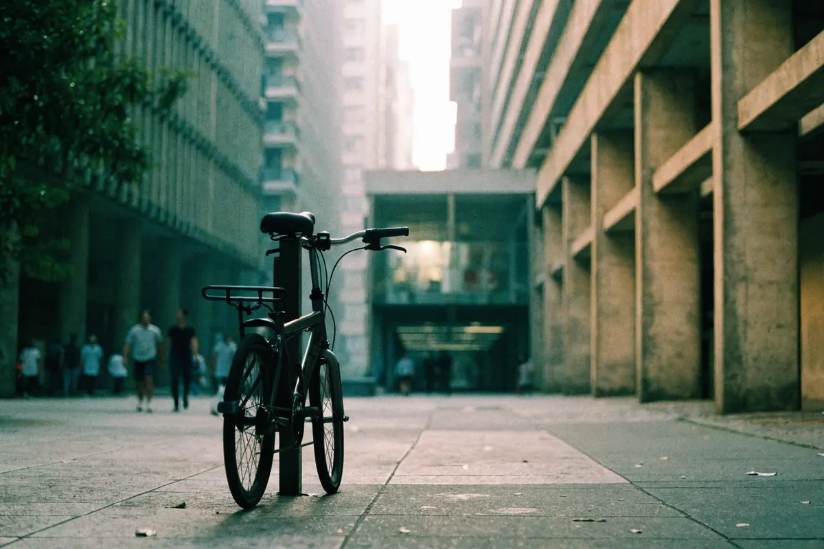 Bicicleta urbana com bagageiro presa a um poste na calçada do centro da cidade ao amanhecer